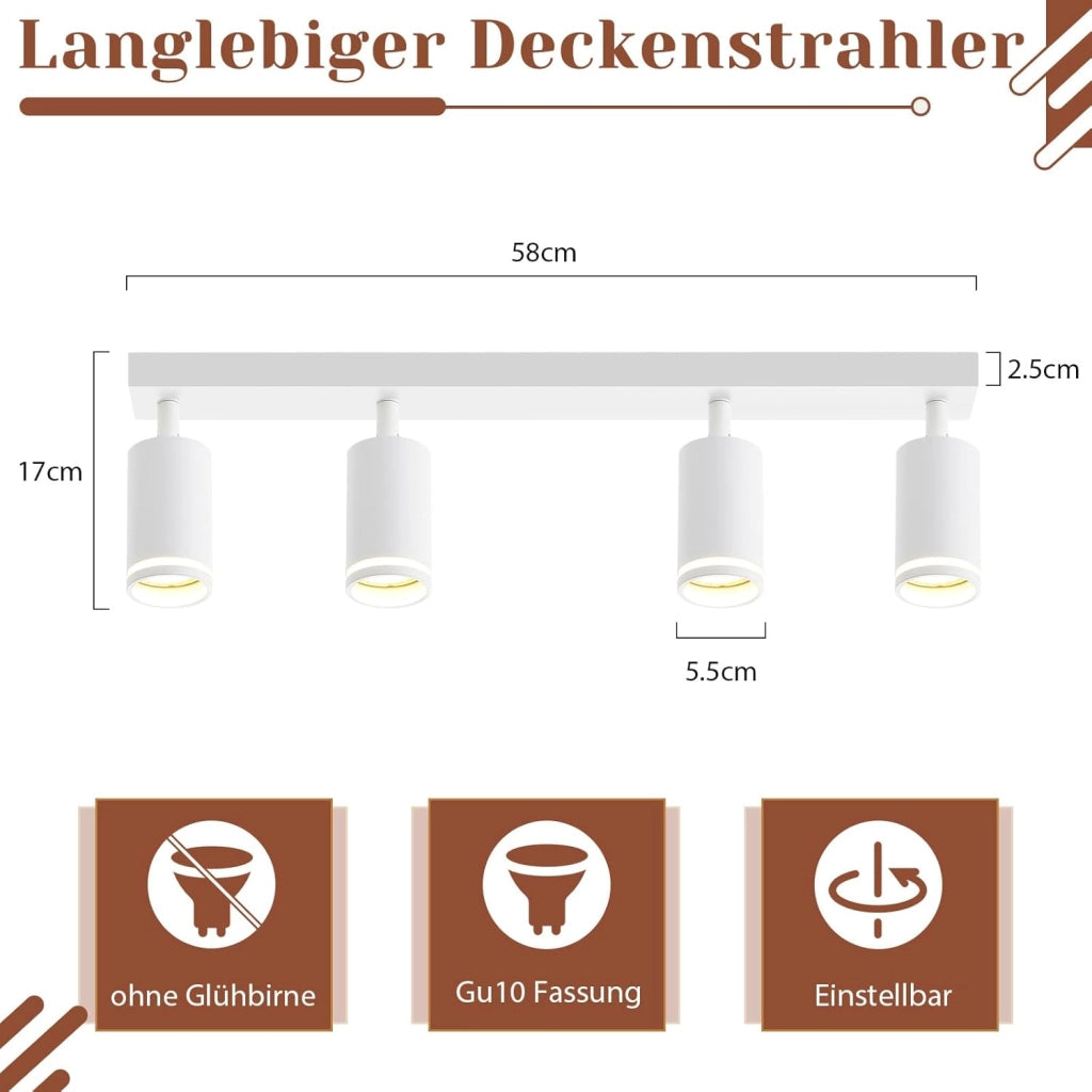 ZMH Faretto da soffitto Bianco 4 Luci GU10 Orientabile da Interno in Metallo per Soggiorno Corridoio Senza Lampadine