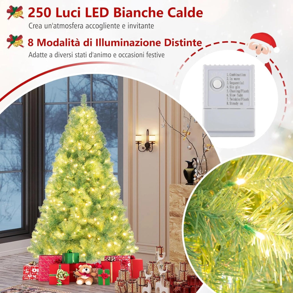 Albero di Natale 180 cm, Albero di Natale Preilluminato con 688 Rami Folti, 250 Luci LED Bianco Caldo, 8 Modalità e Base, Decorazione Natalizia per Casa e Ufficio (Verde, 180 cm)