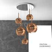 SOSP. BIANCO TONDA 5 LUCI VETRI (1 GRANDE+1 MEDIO+3 PICCOLO) TUTTI RAME 1155BI-S5 TMIX-RA