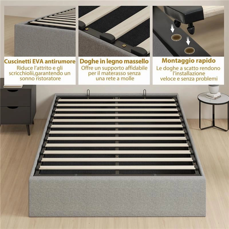 LETTO CONTENITORE MATRIMONIALE 190X140 CM, DOGHE IN LEGNO, PISTONE A GAS E RIVESTIMENTO IN TESSUTO, GRIGIO