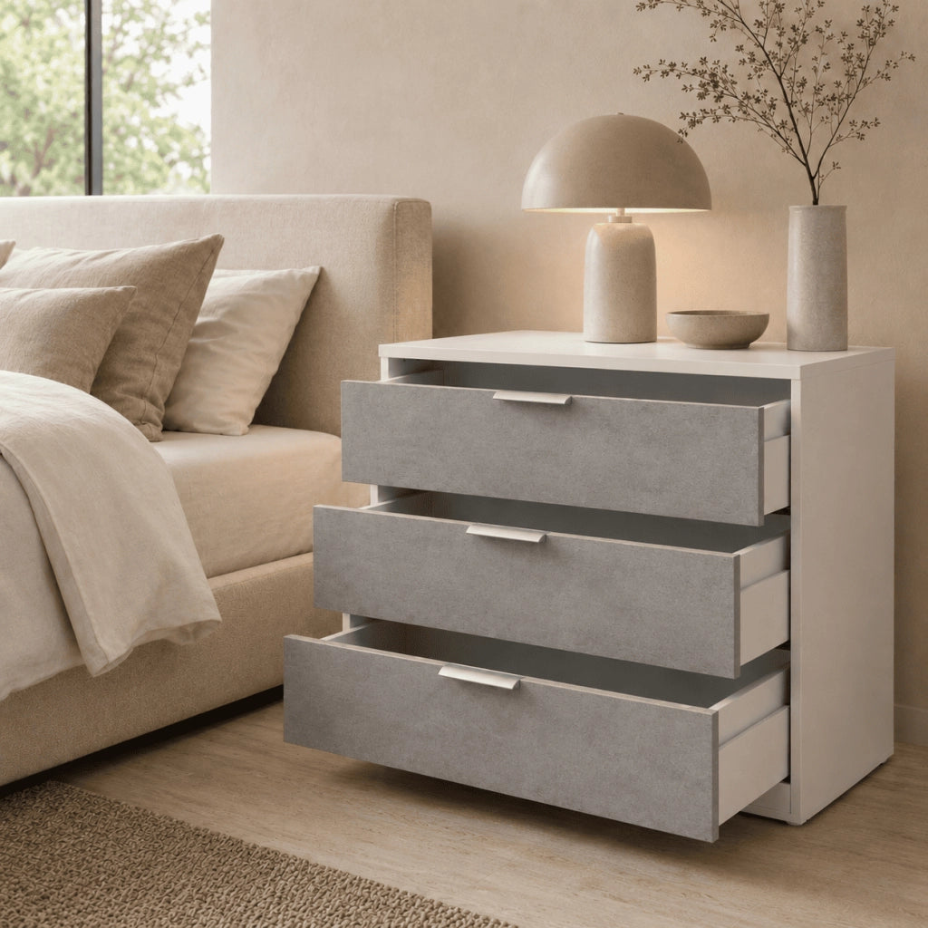 Comò Moderno 3 Cassetti Cassettiera Salvaspazio Senza Piedi Mobile Per Camera Da Letto Studio E Lavanderia 77 X 38 X 80 Cm Bianco E Grigio Cemento
