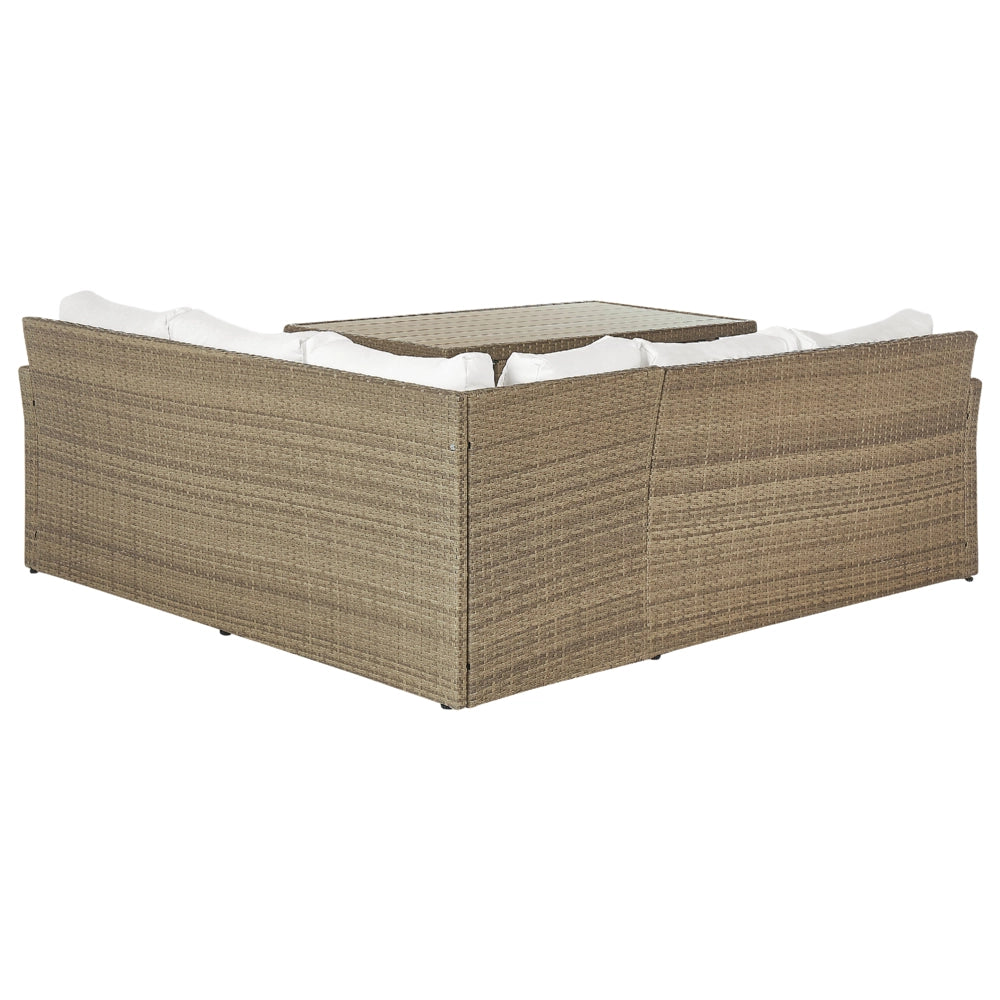 Set divano ad angolo da giardino marrone Rattan Sintetico bianco cuscini divano a 5 posti tavolo 2 ottomani set da pranzo all'aperto