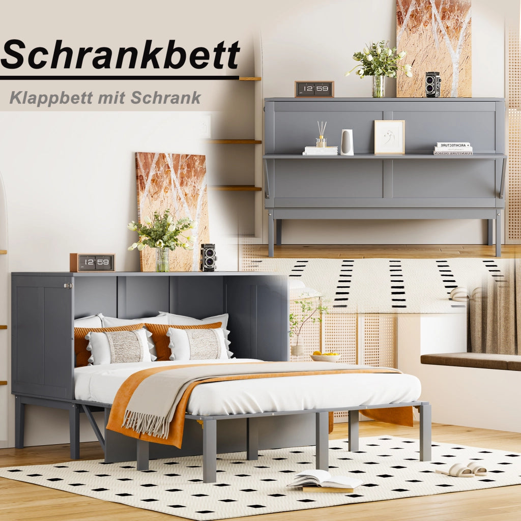 OKWISH Letto a scomparsa 140×200 cm, Letto Matrimoniale con Ribalta Verticale, Spazio Contenitore e Consolle, senza Materasso, Grigio