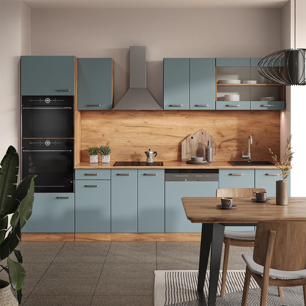 Vicco Cucina componibile Rovere blu-grigio/oro 300 cm con armadio alto, PL Marmo