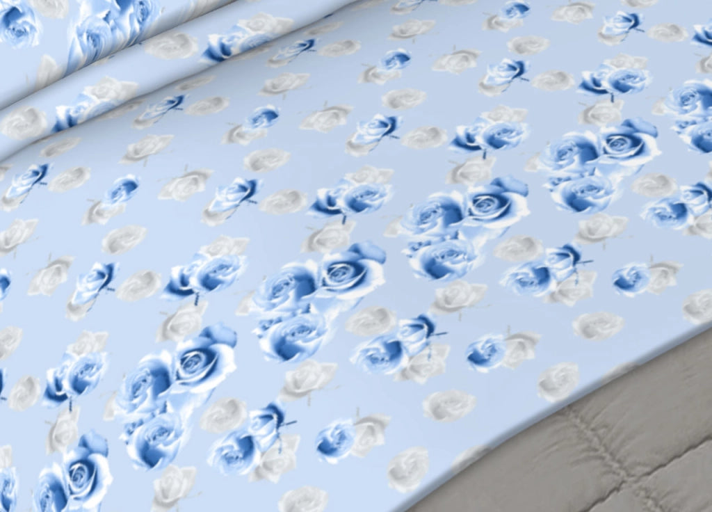 Completo Lenzuola Letto In 100% Cotone Made In Italy Vari Disegni C.N - Piazza E Mezza - Rose Azzurro