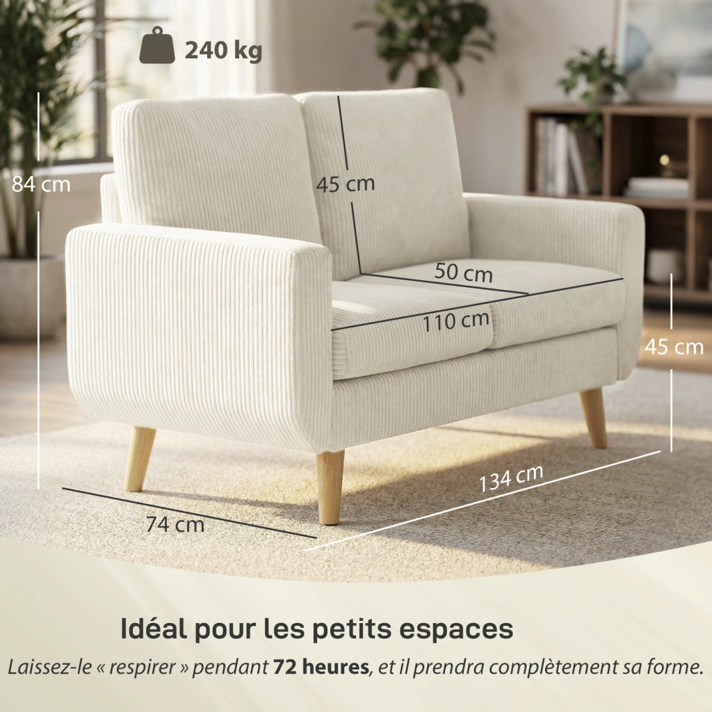 Divano 2 posti in velluto ¨C zephmum ¨C 134 cm, crema