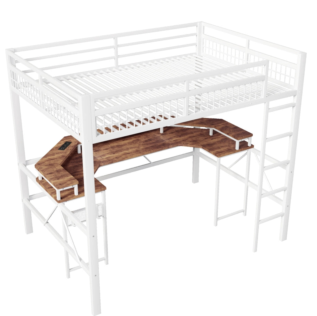 Letto a soppalco 140x200 cm con scrivania; LED e pegboard in metallo e MDF bianco