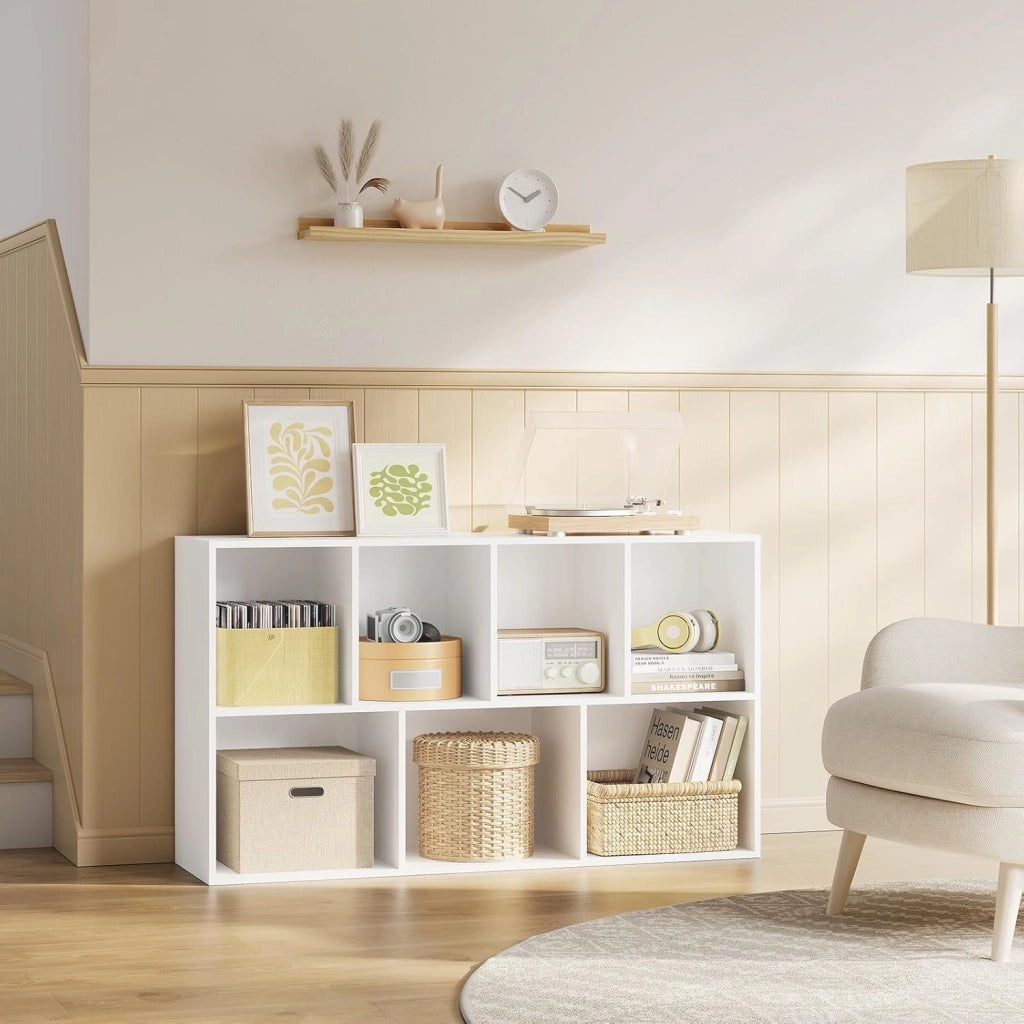 Libreria Bianca con 7 Scomparti a Giorno, Scaffale Moderno in Legno, Mobile Porta Libri Portaoggetti, Salvaspazio, per Ufficio, Studio, Salotto 59,5x29,5x108cm, SK004ws