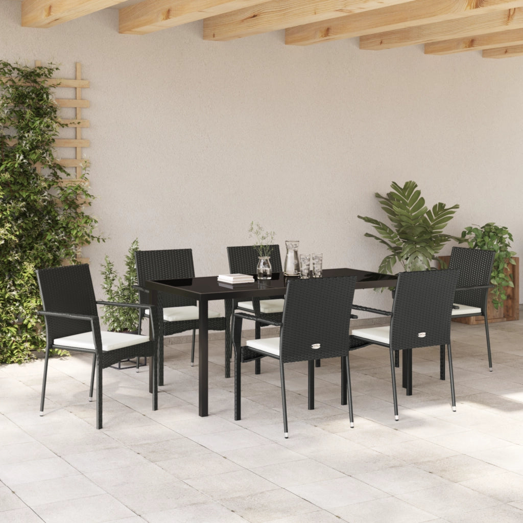 Set da Pranzo da Giardino con Cuscini Nero Polyrattan