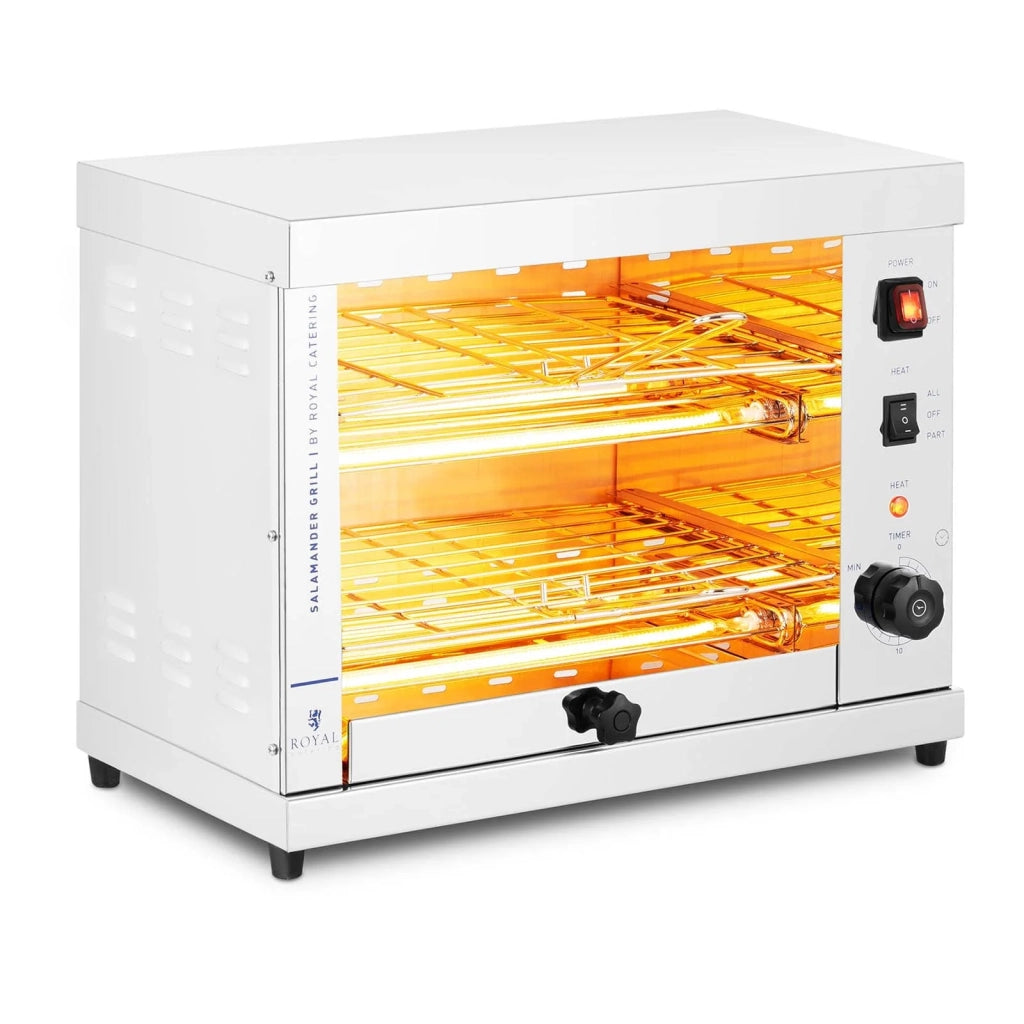 Forno elettrico grill Salamander cucina professionale (3.200 Watt, 65 - 200 °C, 0 - 15 min, contenitore raccogli grasso, acciaio inox) 14_0004016