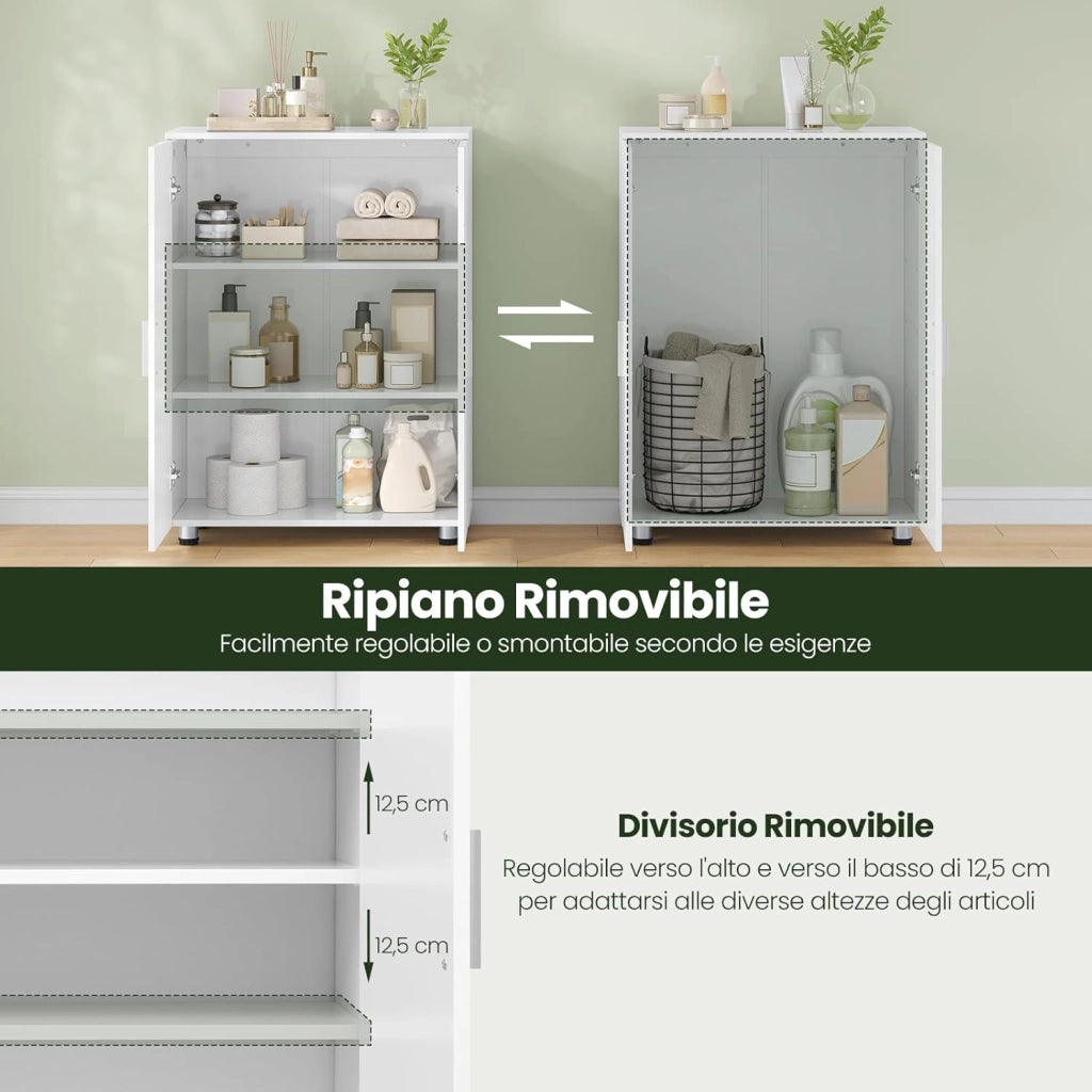 Armadietto da Bagno con Ripiani Regolabili, Mobiletto Multiuso con 3 Scomparti, Maniglie e Ante, Organizzatore per Cucina, Ingresso, Soggiorno, in MDF e Metallo, Bianco