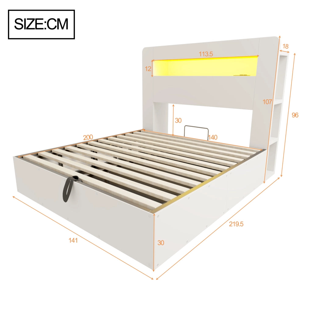 Letto Contenitore 140x200 cm e 180x200 cm con LED; prese e mensole in legno bianco