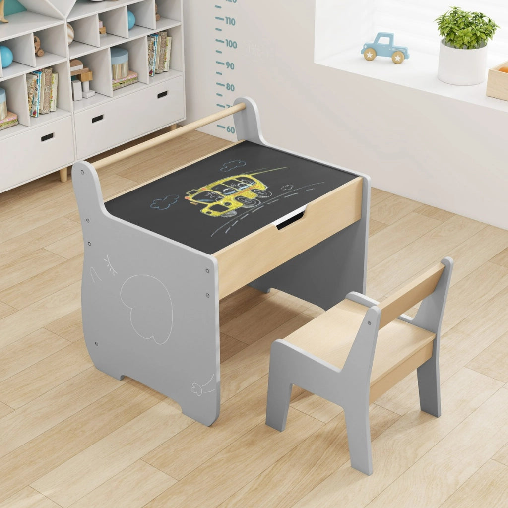 Set tavolo e sedia per bambini con piano rimovibile 2-in-1, Set scrivania in legno con spazio di archiviazione Grigio-Tavoli e sedie