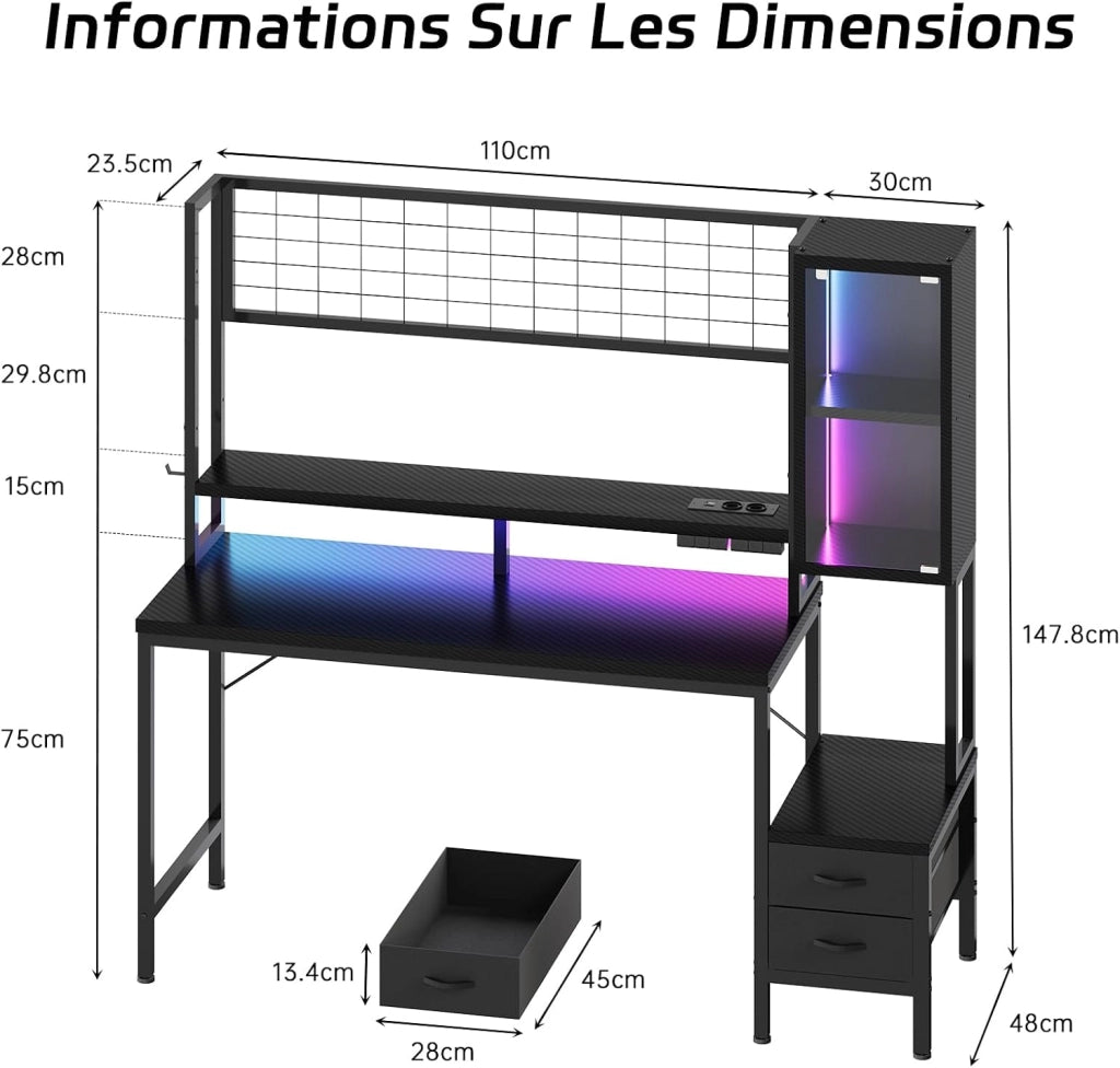 Scrivania Da Gaming Angolare Con LED E Prese, 140 cm, Arredamento Per Ufficio, Con Ganci E 2 Cassetti In Tessuto, Ideale Per il Telelavoro E I Videogiochi, Nera