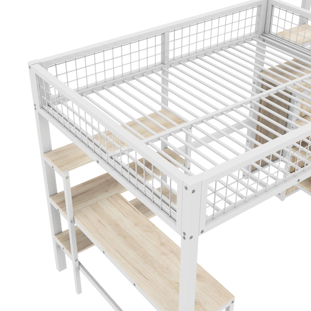 Letto a Soppalco Matrimoniale con Scrivania; Scaffali e Armadio; 140 x 200 cm; senza Materasso