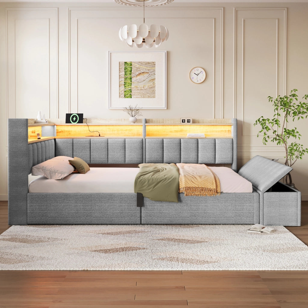 Letto contenitore 140x200 in velluto grigio con luce LED RGB e USB