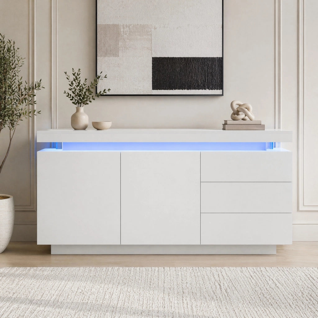 Credenza con LED RGB, 2 ante e 3 cassetti, bianca