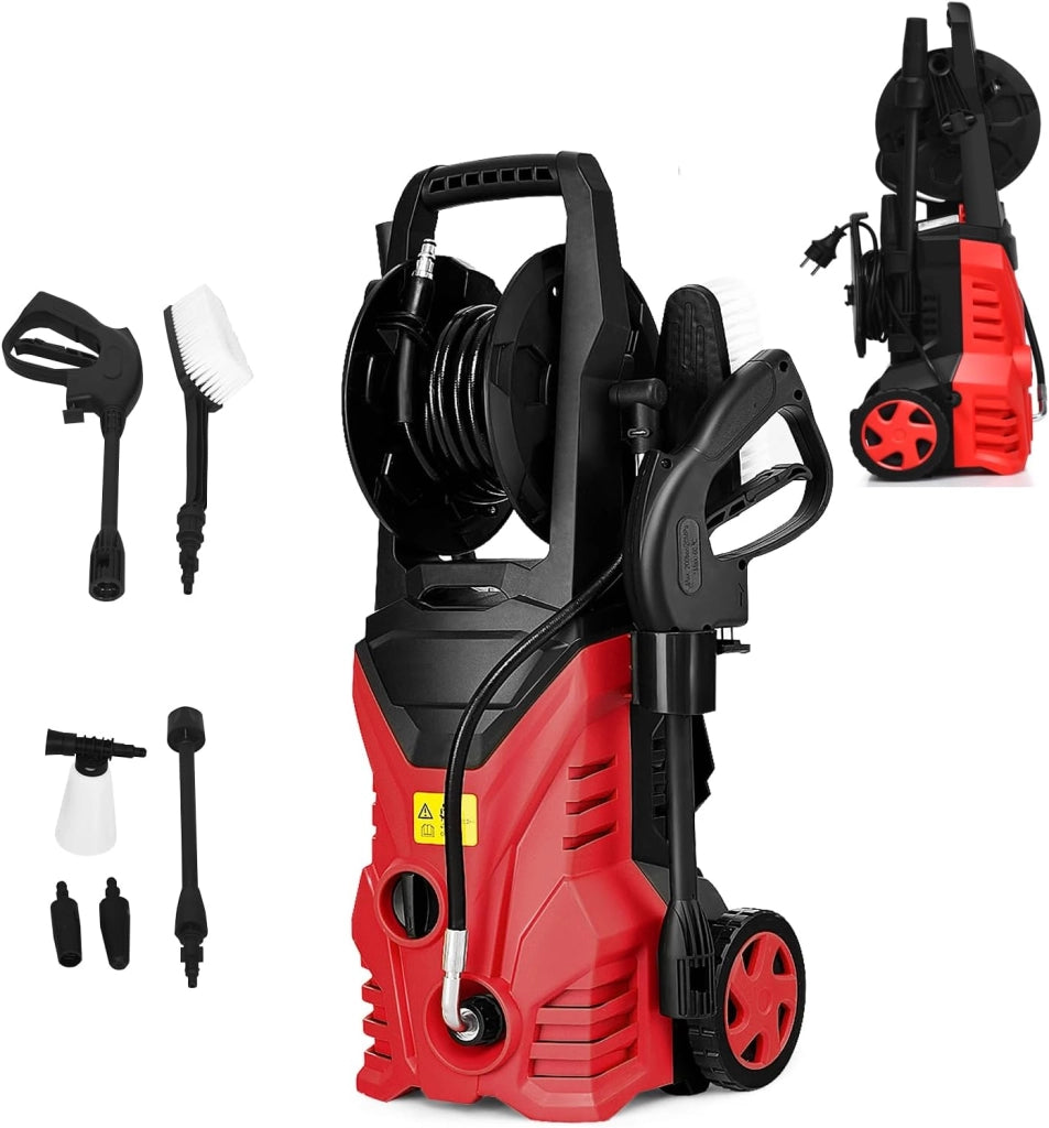 Pulitore ad alta pressione 1500 W, pulitore elettrico 140 bar, 5 l/min, con ugelli, raccordo ingresso acqua, vasetto da bucato, spazzola cavo elettrico 5 m, per auto, terrazza, parete (blu+nero)