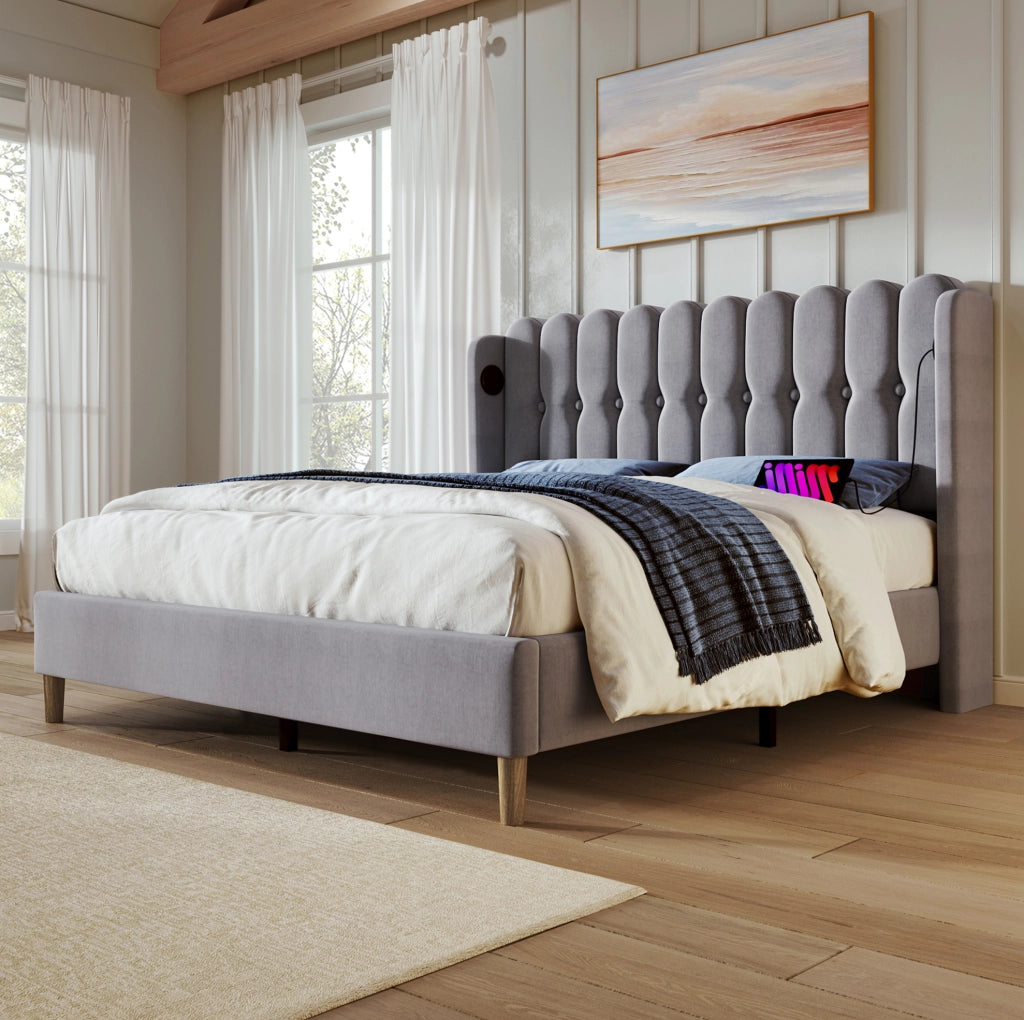Letto matrimoniale imbottito grigio 140×200 cm con ricarica USB e Type-C