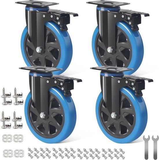 Ruote di supporto pieghevoli pesanti 150 mm con freno - rotazione 360° - carico fino a 1000 kg - inclusi accessori di montaggio - per mobili