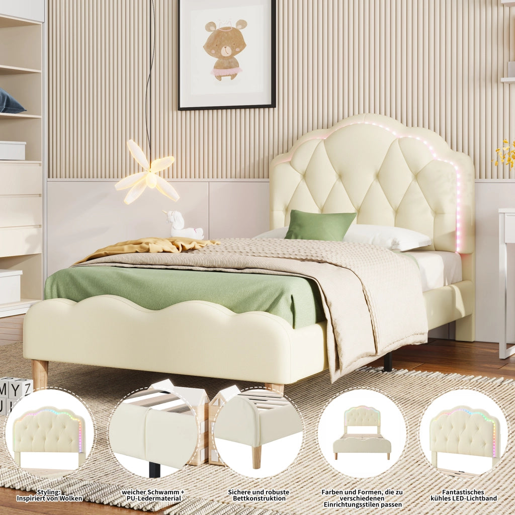 DESMIU Letto singolo 90 × 200 cm con LED multicolore, testiera ondulata e senza materasso, in PU beige