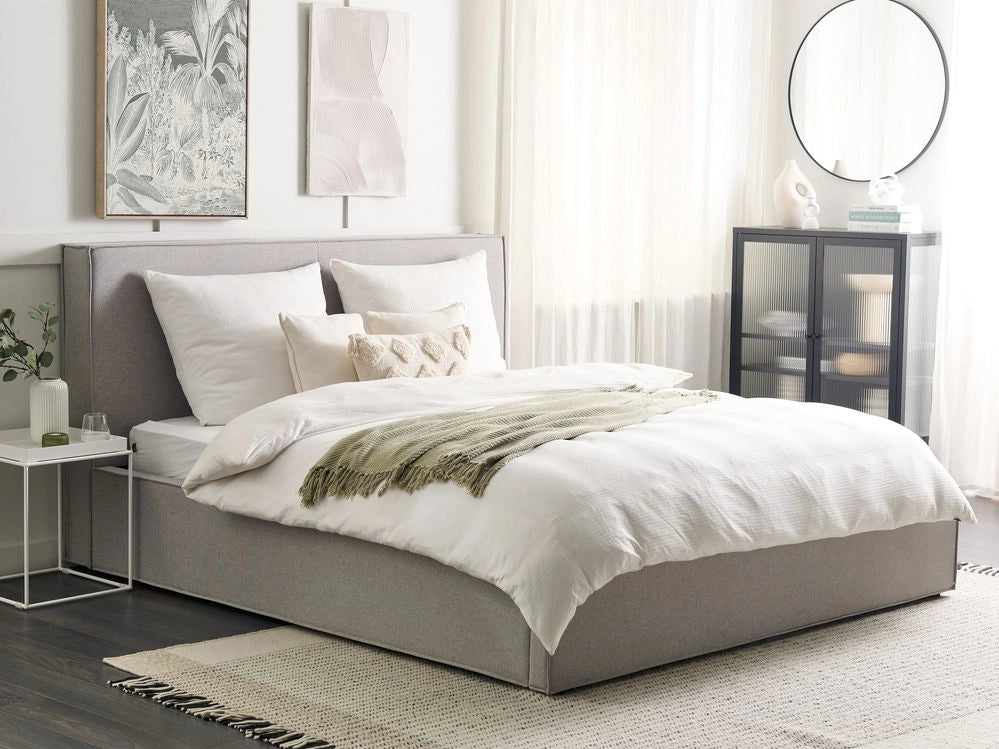 Letto king size 180 x 200 cm Grigio chiaro Rivestimento in tessuto Ottomana di contenitore Telaio a doghe Camera da letto moderna contemporanea
