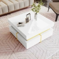 Tavolino Salotto Moderno Lucido con 2 Cassetti e Accenti Dorati, Materiali di Alta Qualità, 70×70×35.5 cm, Bianco