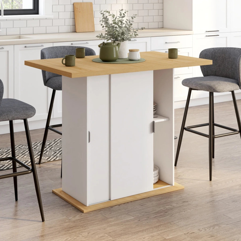 IDMarket - Isola centrale PAXTON 110 cm per 4 persone con contenitore in legno bianco e piano di lavoro effetto faggio