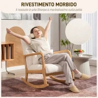 Poltrona a Dondolo 90°-130° con Cuscino Lombare rivestita in Tessuto Sherpa, 64.5x82x89 cm, Bianco e color Legno