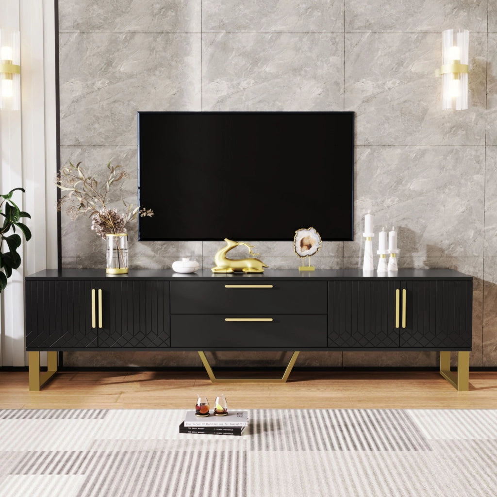 Mobile TV 4 ante e 2 cassetti con ripiani e passacavi per soggiorno in MDF nero e dorato 170 × 40 × 53,5 cm