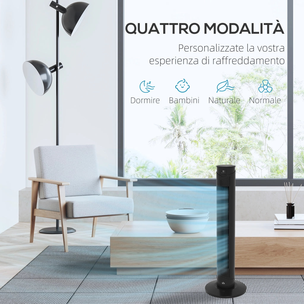 Ventilatore a Torre 45W a 4 Modalit¨¤ e 3 Velocit¨¤ con Timer da 12h, in ABS, ?31.5x93 cm, Nero