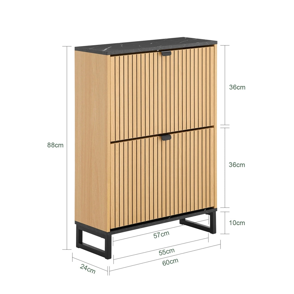 SoBuy Scarpiera Salvaspazio Slim a 2 Ante - Mobile Ingresso Moderno per Scarpe - Mobile Scarpiera da 8-12 Paia, con Struttura Resistente, Effetto Marmo Nero e Legno Chiaro, 60x24x88cm, FSR202-N