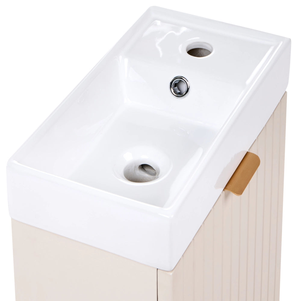 Mobile da bagno da fissare a parete con lavabo, frontale scanalato, colore beige