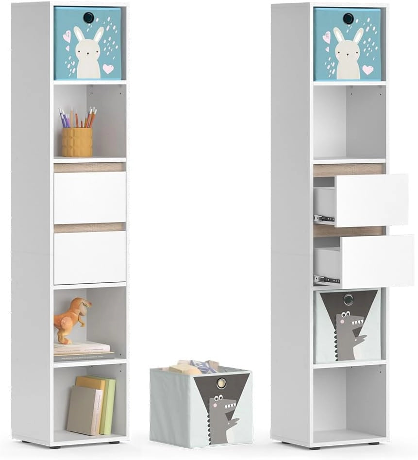 Libreria bambini Robert, Bianco, 36.2 x 171 cm con box pieghevoli colorati, adatto per riporre giocattoli e libri