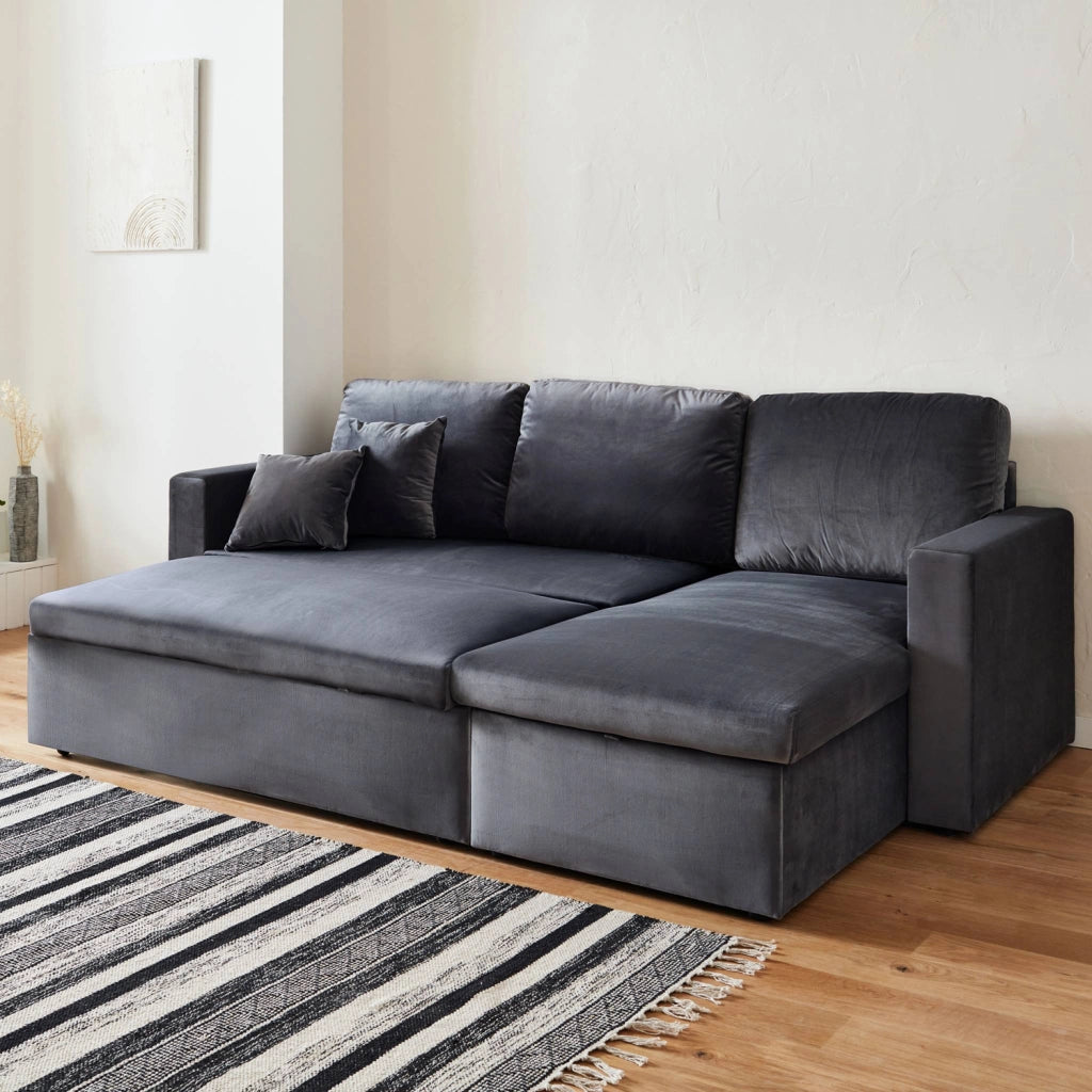 Divano letto angolare reversibile in velluto, 3 posti, grigio scuro