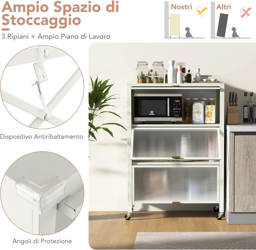 Credenza da Cucina a 4 Livelli, Armadietto Salvaspazio con Ante Ribaltabili e Ruote Bloccabili, Mobilietto Moderno in Metallo per Bagno, Soggiorno, Cucina e Ingresso, 81 x 37 x 115 cm