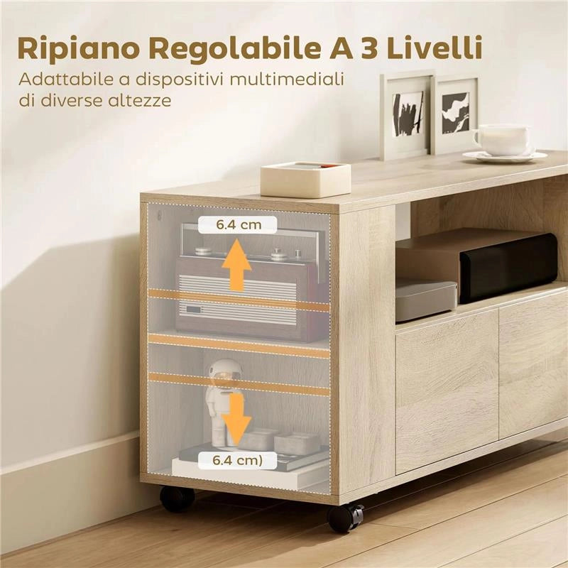 MOBILE PORTA TV DA 42" CON RUOTE GIREVOLI E FRENO, RIPIANI REGOLABILI E CASSETTI, 102X34.5X48.5 CM, LEGNO