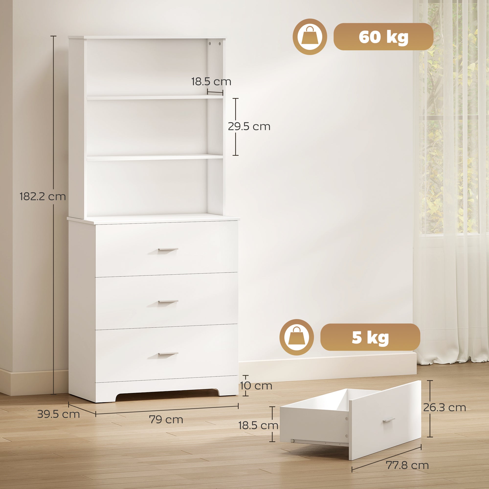 Libreria a Muro 79x39,5x182,2 cm con 3 Ripiani Aperti e 3 Cassetti in Legno Bianco