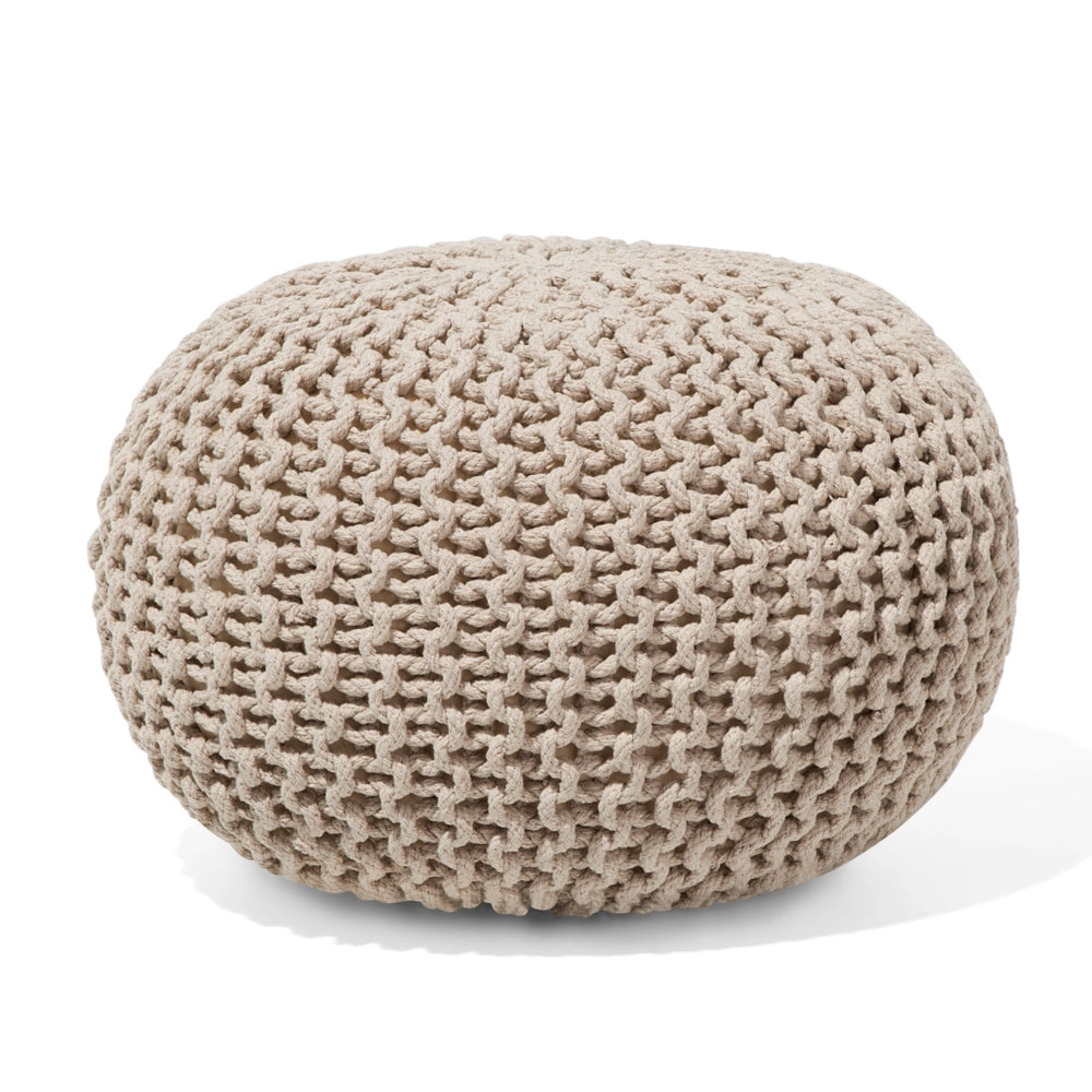 Pouf ottomana beige in cotone lavorato a maglia perline EPS riempimento rotondo piccolo poggiapiedi 40 x 25 cm