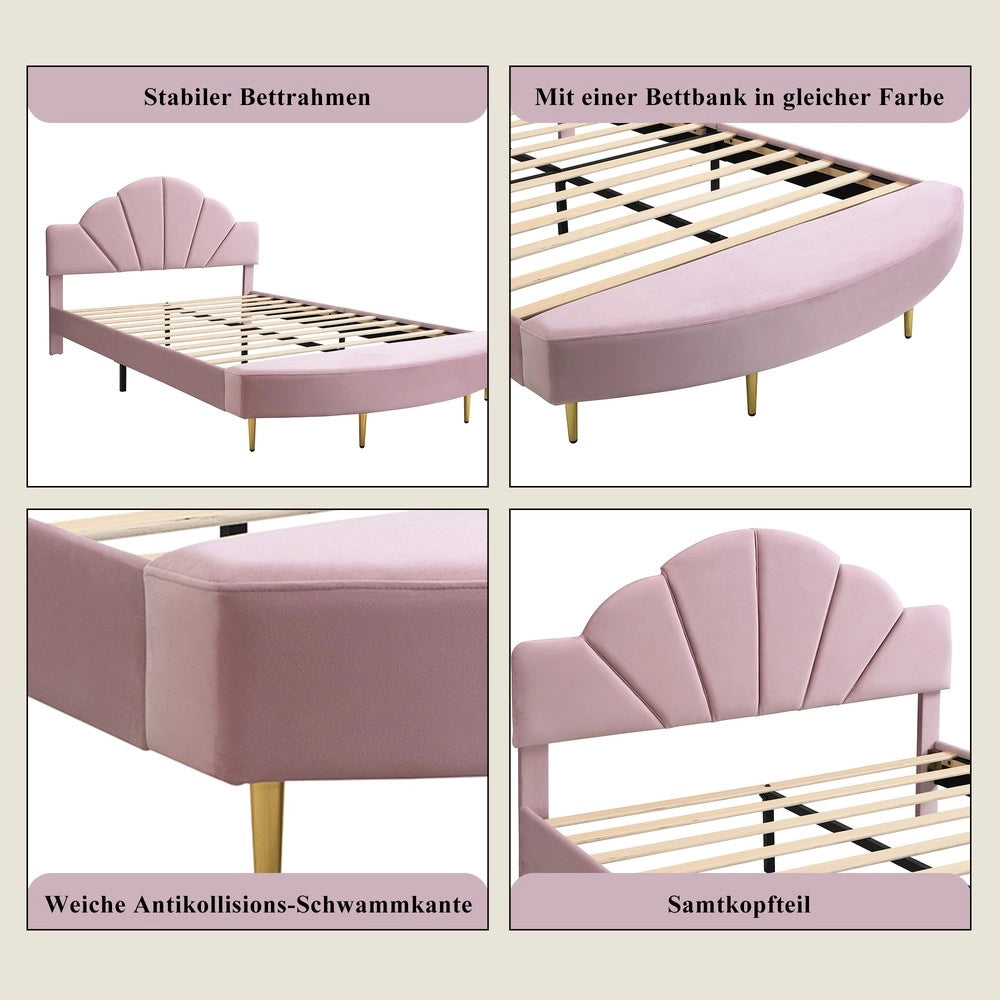 Letto Imbottito con Testiera in Velluto e Panca ¨C MINIMAL ¨C Rosa, 140x200