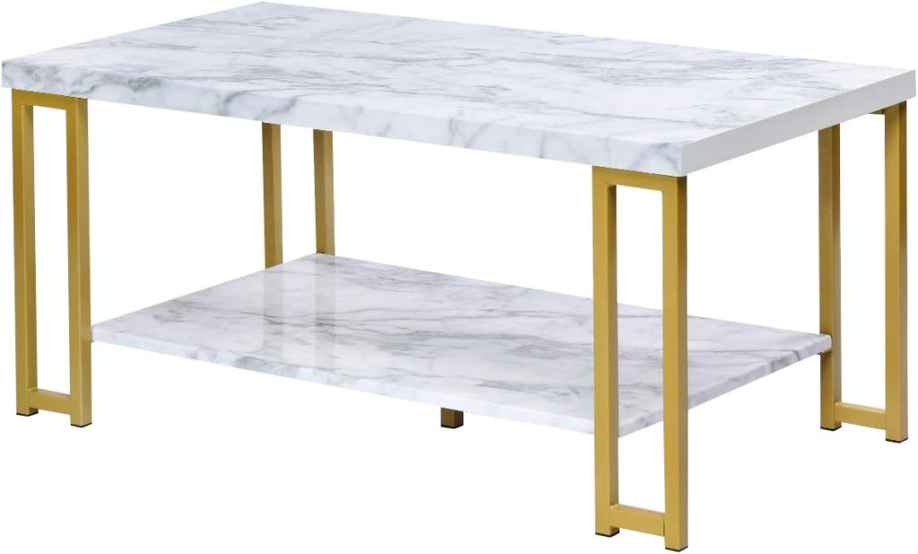 Tavolino da Caffè a 2 Livelli, Tavolo Portaoggetti Solido, Stile Moderno, Adatto per Soggiorno, Ufficio, Camera da Letto,100x50x45 cm, Bianco+Oro
