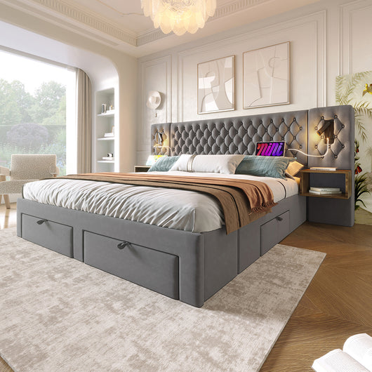 Letto con contenitore - Xylo - 160x200 cm - Grigio - 2 comodini, 4 cassetti, USB