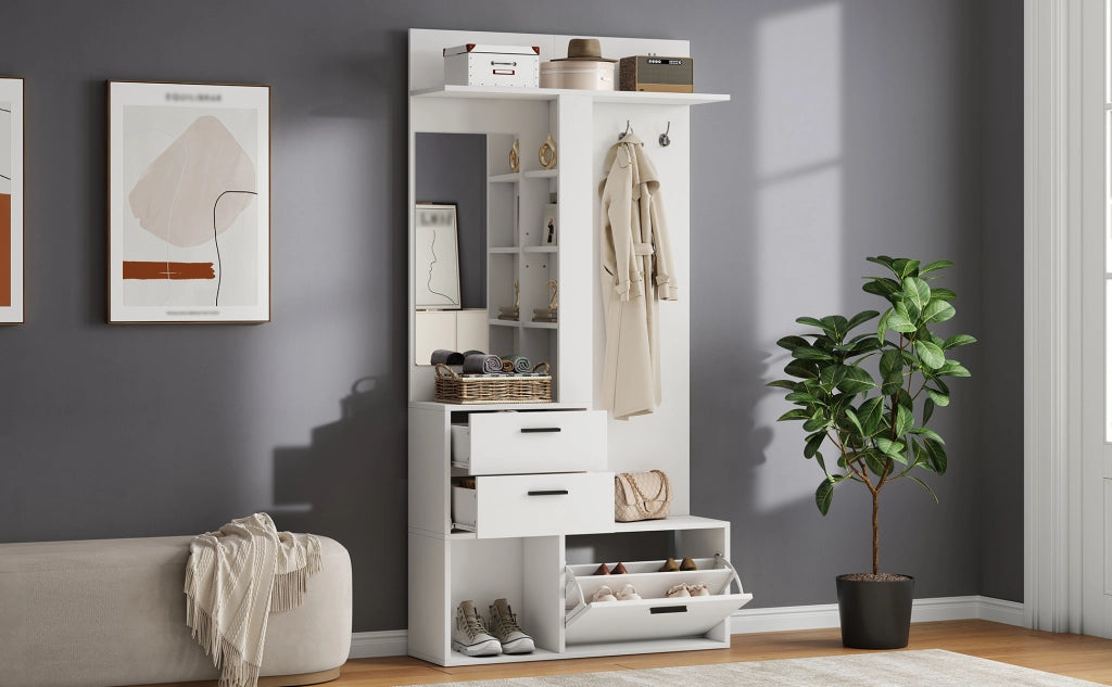 Mobile da ingresso con specchio a figura intera, 2 cassetti, scarpiera ribaltabile e 3 ganci, in MDF, bianco 90 × 30 × 180 cm
