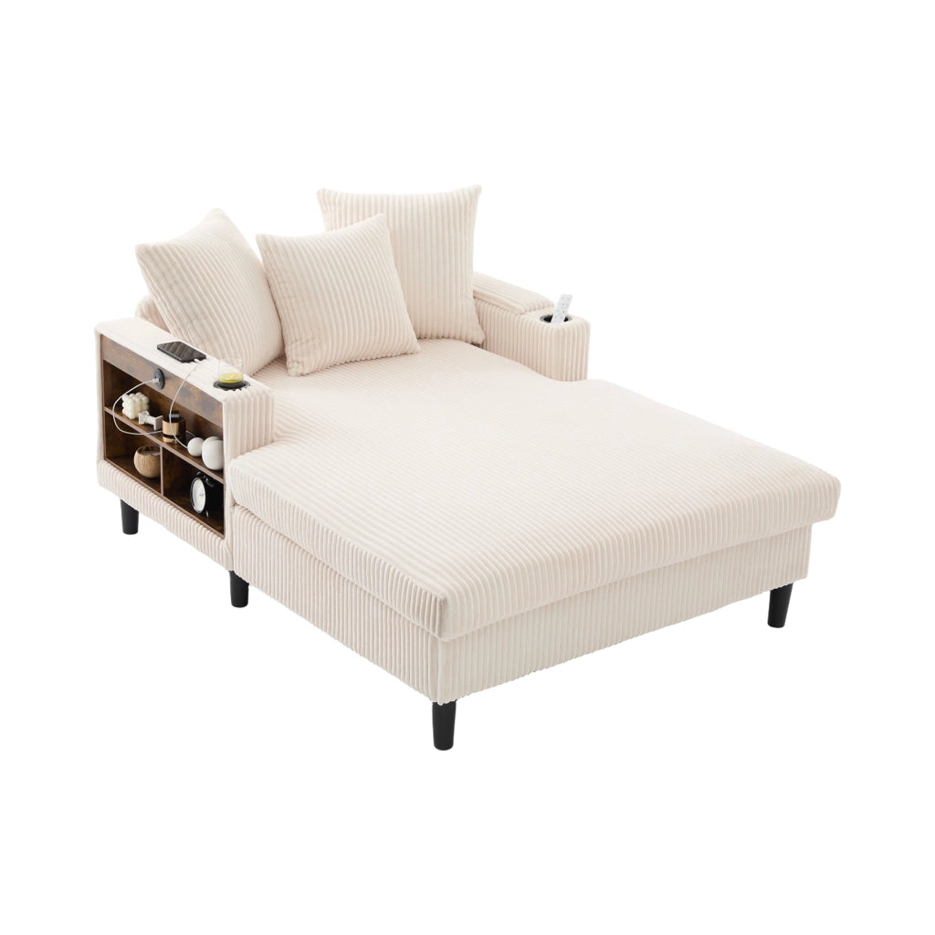 Chaise longue con vano portaoggetti USB LED portabicchieri e cuscini in velluto a coste beige 129 × 170 × 70 cm
