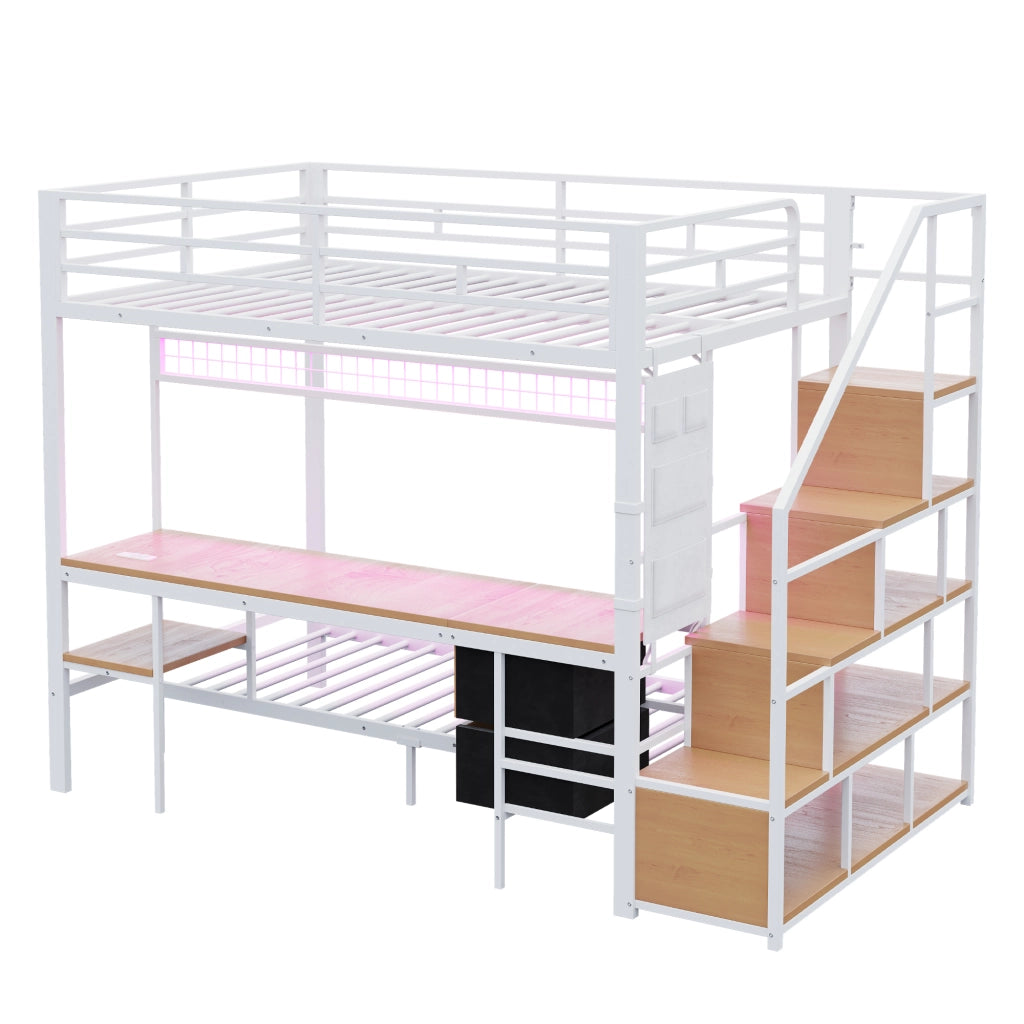 Letto a soppalco 140x200/90x200 in metallo e MDF con scrivania, LED, prese, vano aperto e cassetti in tessuto bianco