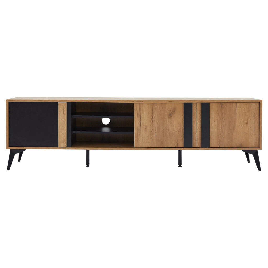 Mobile TV con 3 ante e 4 vani aperti; passacavi e piedi regolabili; per soggiorno; 180 × 40 × 50 cm; in truciolare; nero e marrone
