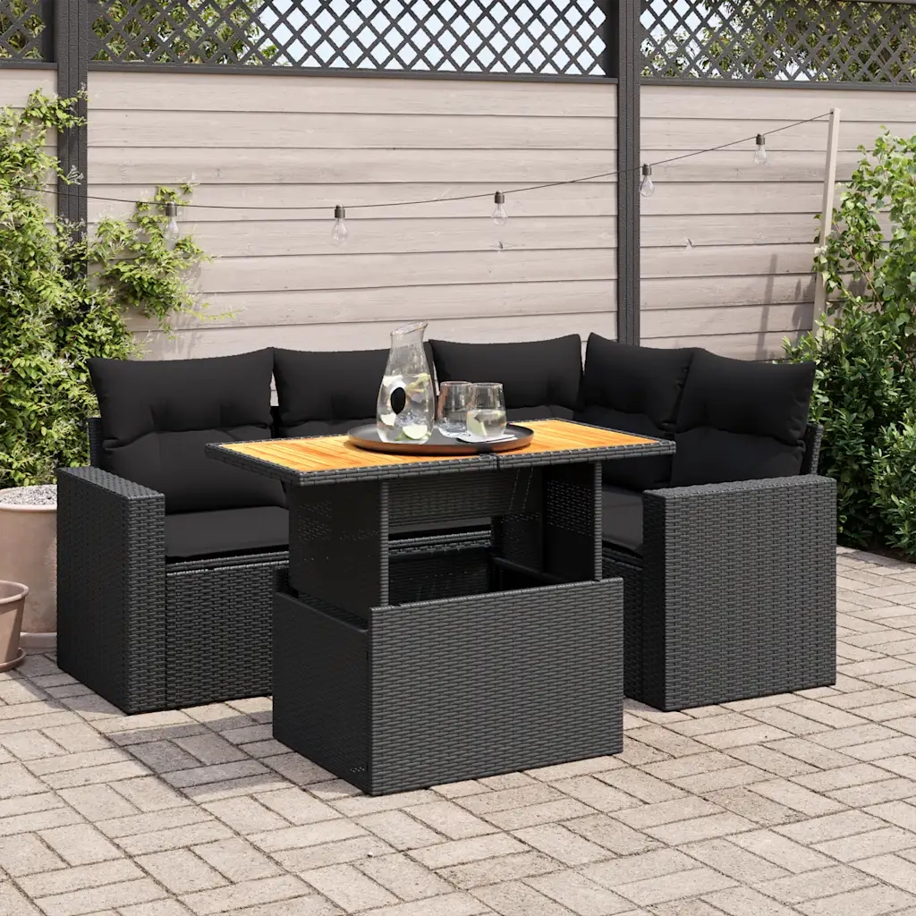 Set Divani da Giardino 5 pz con Cuscini in Polyrattan Nero