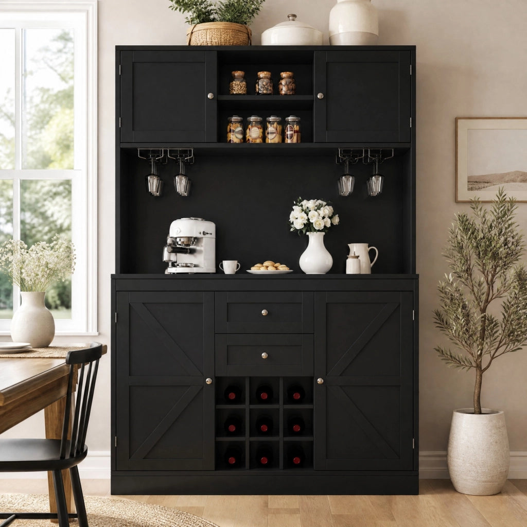 Credenza alta da cucina con portabottiglie e ripiani regolabili