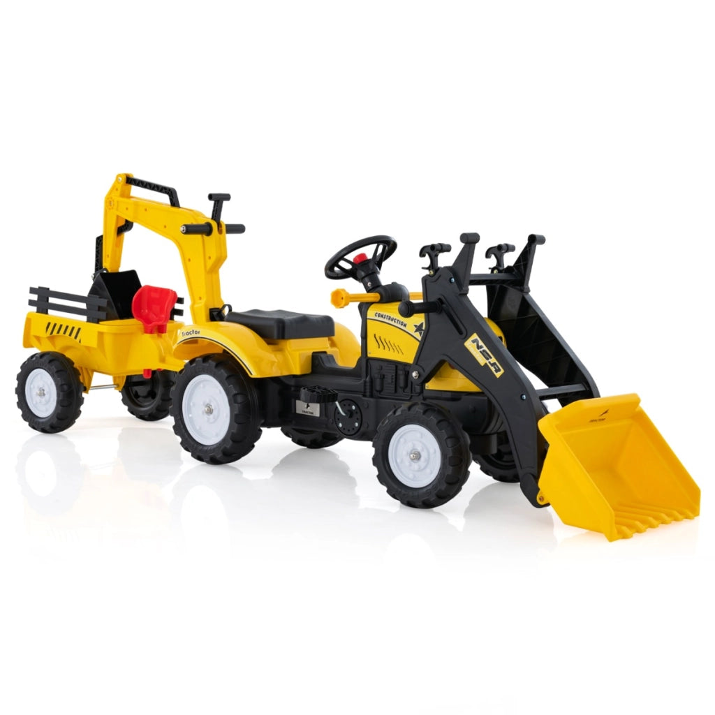 Escavatore a pedali per bambini con 6 ruote rimorchio staccabile e 2 benne, Escavatore a pedali ruspa per bambini 3-6 anni -Macchinine giocattoli