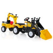 Escavatore a pedali per bambini con 6 ruote rimorchio staccabile e 2 benne, Escavatore a pedali ruspa per bambini 3-6 anni -Macchinine giocattoli